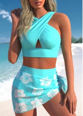 Mesh High Waisted Tropical Plants Print Bikini Set