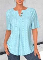 Light Blue Jacquard Short Sleeve Split Neck Blouse