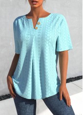Light Blue Jacquard Short Sleeve Split Neck Blouse | thumb picture 