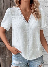 White Lace Short Sleeve V Neck T Shirt