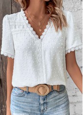 White Lace Short Sleeve V Neck T Shirt | thumb picture 