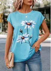 Sky Blue Floral Print Short Sleeve T Shirt