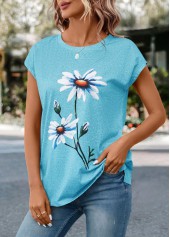 Sky Blue Floral Print Short Sleeve T Shirt