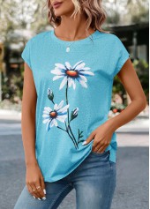 Sky Blue Floral Print Short Sleeve T Shirt