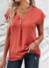 Coral Button Short Sleeve V Neck Blouse