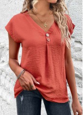 Coral Button Short Sleeve V Neck Blouse | thumb picture 