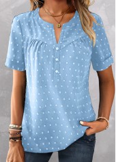 Sky Blue Button Short Sleeve Split Neck Blouse