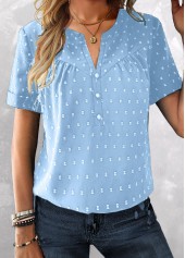 Sky Blue Button Short Sleeve Split Neck Blouse