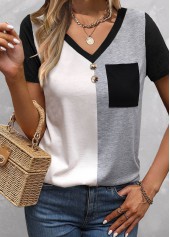 Plus Size Black Patchwork Short Sleeve T Shirt