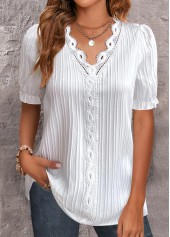 White Patchwork Short Sleeve V Neck Blouse | thumb picture 