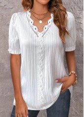 White Patchwork Short Sleeve V Neck Blouse