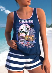 Tie Mid Waisted Tropical Plants Print Tankini Set