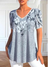 Grey Patchwork Floral Print Short Sleeve T Shirt | thumb picture 