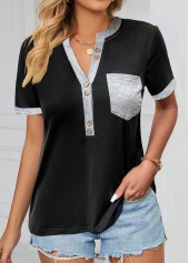 Black Pocket Short Sleeve Split Neck T Shirt