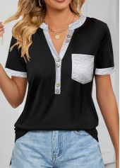 Black Pocket Short Sleeve Split Neck T Shirt