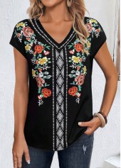 Black Patchwork Floral Print Short Sleeve T Shirt