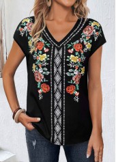 Black Patchwork Floral Print Short Sleeve T Shirt | thumb picture 