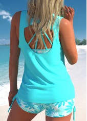 Three-piece High Waisted Leaf Print Cyan Tankini Set | thumb picture 