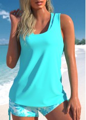 Three-piece High Waisted Leaf Print Cyan Tankini Set