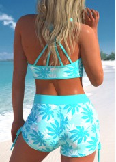 Three-piece High Waisted Leaf Print Cyan Tankini Set | thumb picture 