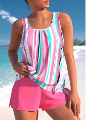 Hot Pink Bowknot Multi Stripe Print Tankini Set