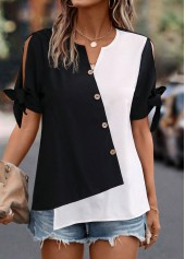 Black Patchwork Short Sleeve Split Neck Blouse