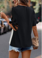 Black Patchwork Short Sleeve Split Neck Blouse | thumb picture 