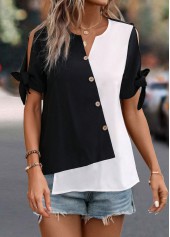 Black Patchwork Short Sleeve Split Neck Blouse | thumb picture 