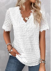 White Embroidery Short Sleeve V Neck Blouse