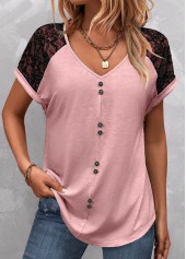 Pink Patchwork Short Sleeve V Neck T Shirt