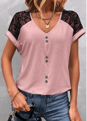 Pink Patchwork Short Sleeve V Neck T Shirt