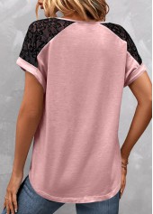 Pink Patchwork Short Sleeve V Neck T Shirt