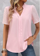 Light Pink Patchwork Short Sleeve Split Neck Blouse