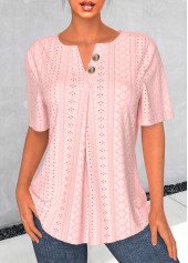 Light Pink Button Short Sleeve Split Neck Blouse