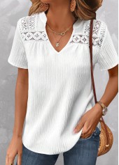 Plus Size White Lace Short Sleeve Split Neck Blouse