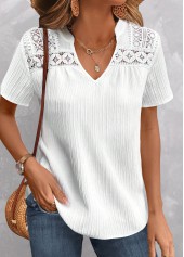 Plus Size White Lace Short Sleeve Split Neck Blouse