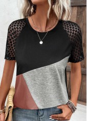 Black Lace Short Sleeve Round Neck T Shirt