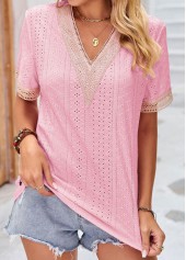 Pink Patchwork Short Sleeve V Neck T Shirt