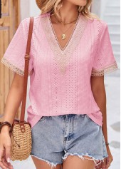Pink Patchwork Short Sleeve V Neck T Shirt | thumb picture 