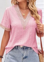 Pink Patchwork Short Sleeve V Neck T Shirt | thumb picture 