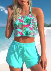 Tassel High Waisted Floral Print Cyan Bikini Set