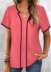 Coral Contrast Binding Short Sleeve Split Neck Blouse