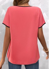 Coral Contrast Binding Short Sleeve Split Neck Blouse | thumb picture 