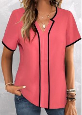 Coral Contrast Binding Short Sleeve Split Neck Blouse | thumb picture 