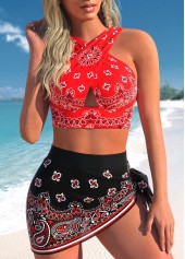 Mesh High Waisted Tribal Print Red Bikini Set