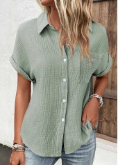 Sage Green Pocket Short Sleeve Shirt Collar Blouse