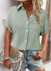 Sage Green Pocket Short Sleeve Shirt Collar Blouse | thumb picture 