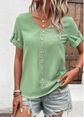 Green Button Short Sleeve V Neck T Shirt
