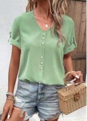 Green Button Short Sleeve V Neck T Shirt | thumb picture 