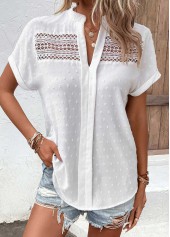 White Patchwork Short Sleeve Split Neck Blouse